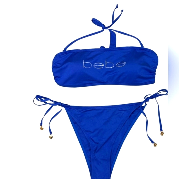BEBE 2-Piece Rhinestone Triangle Dazzling Blue Bandeau Bikini Swimsuit L - Picture 1 of 6
